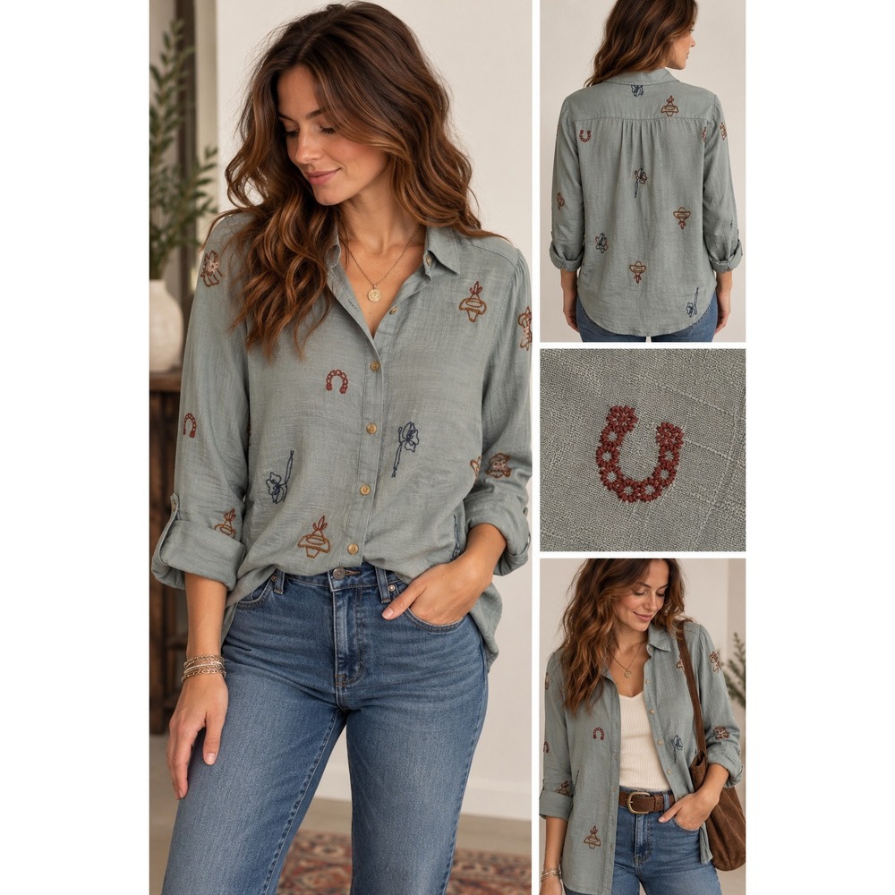 Fig + Flower Shirt L Blue Western Embroidered Horseshoe Cowboy Hat